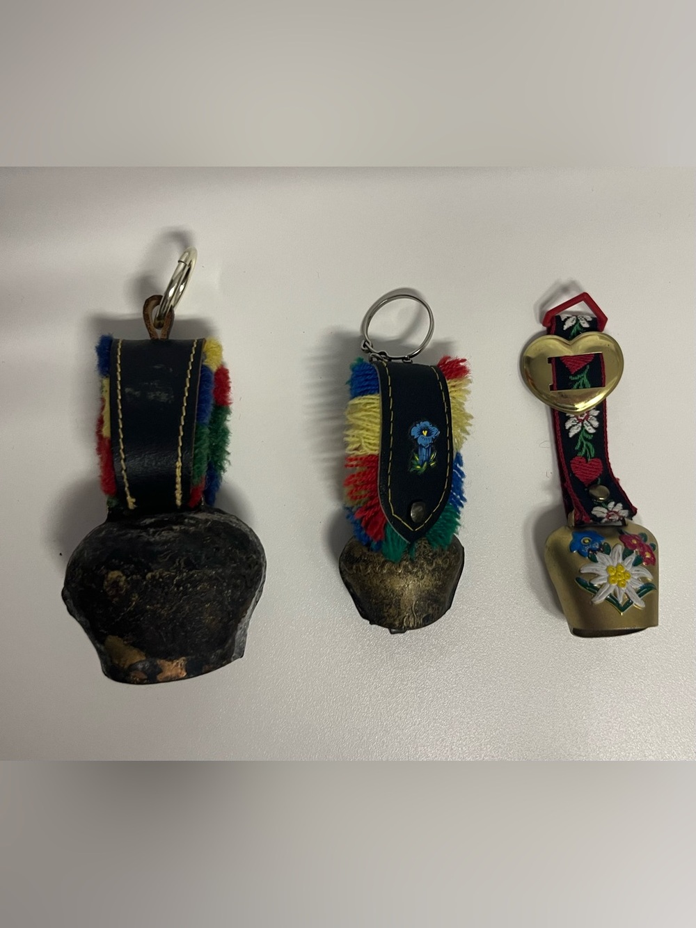 Vintage Swedish Handcrafted Multicolor Cow Bell  Keychain with Floral accent